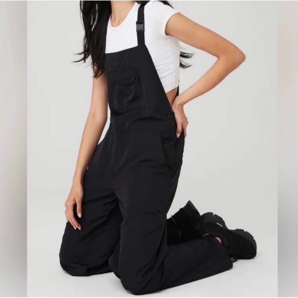 Alo Yoga Black High-Waist Gingham Overalls Wide Leg Jumpsuit XS Discontinued